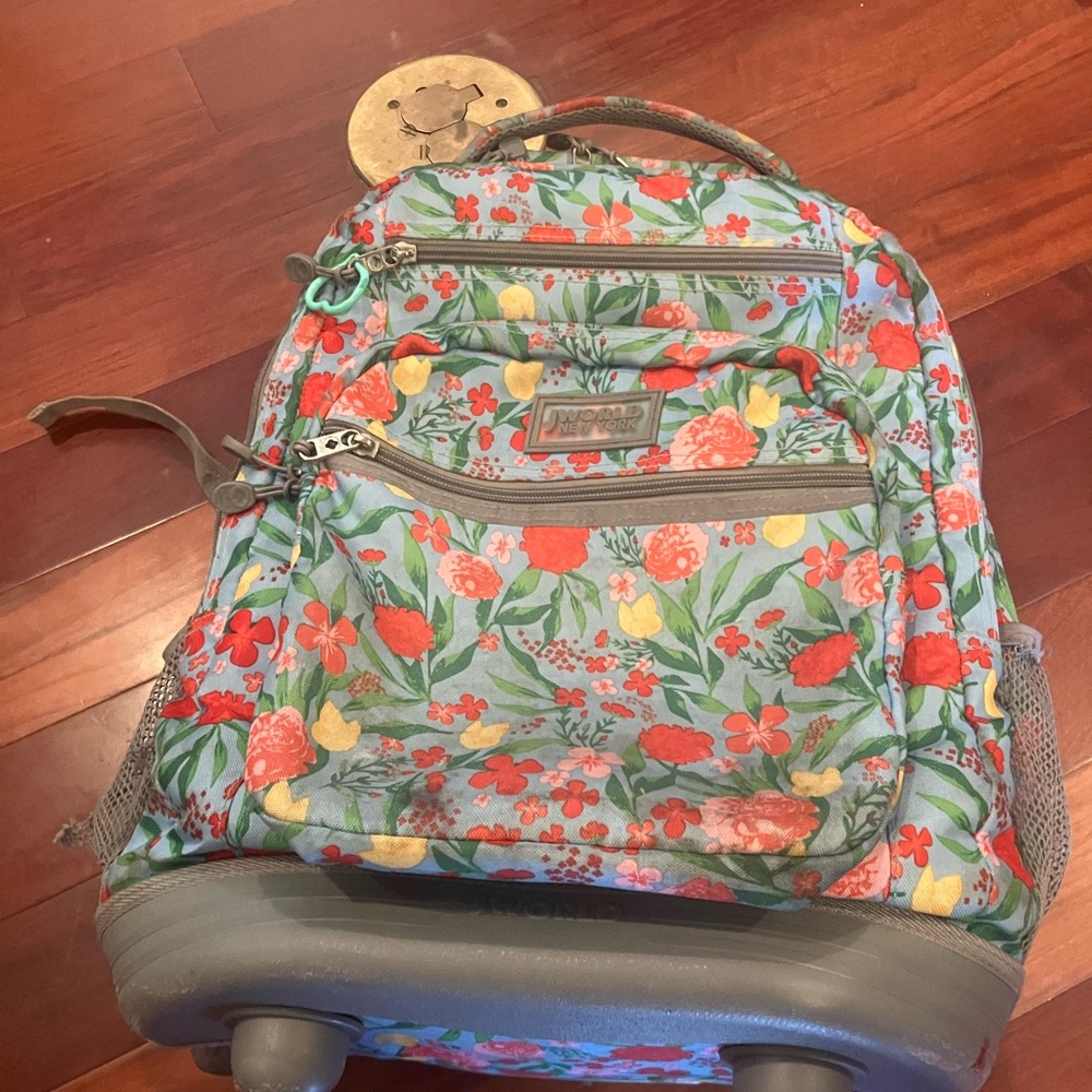 JWorld Floral Backpack with Wheels - Red, Yellow, Green